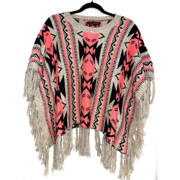 Soho Apparels S Geometric Aztec Knit Poncho With Fringe In Coral & Black - Picture 1 of 8